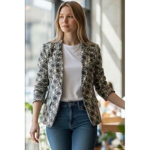 Yuvita Womens 100% Linen Geometric Swirl Print Single Button Grey Blazer M